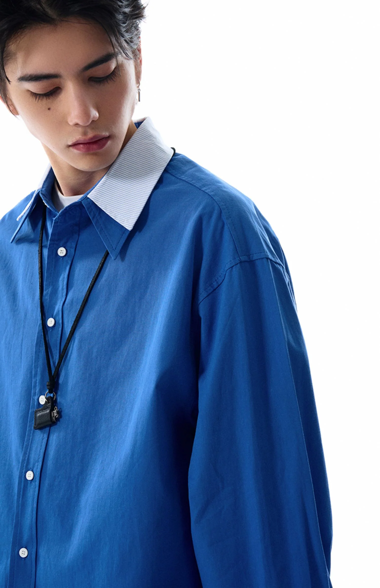 Double Contrast Stripe Collar Long Sleeve Button Shirt - Image 13
