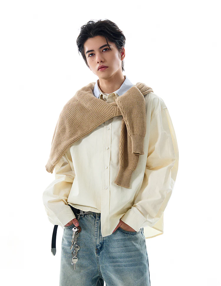 Double Contrast Stripe Collar Long Sleeve Button Shirt - Image 2