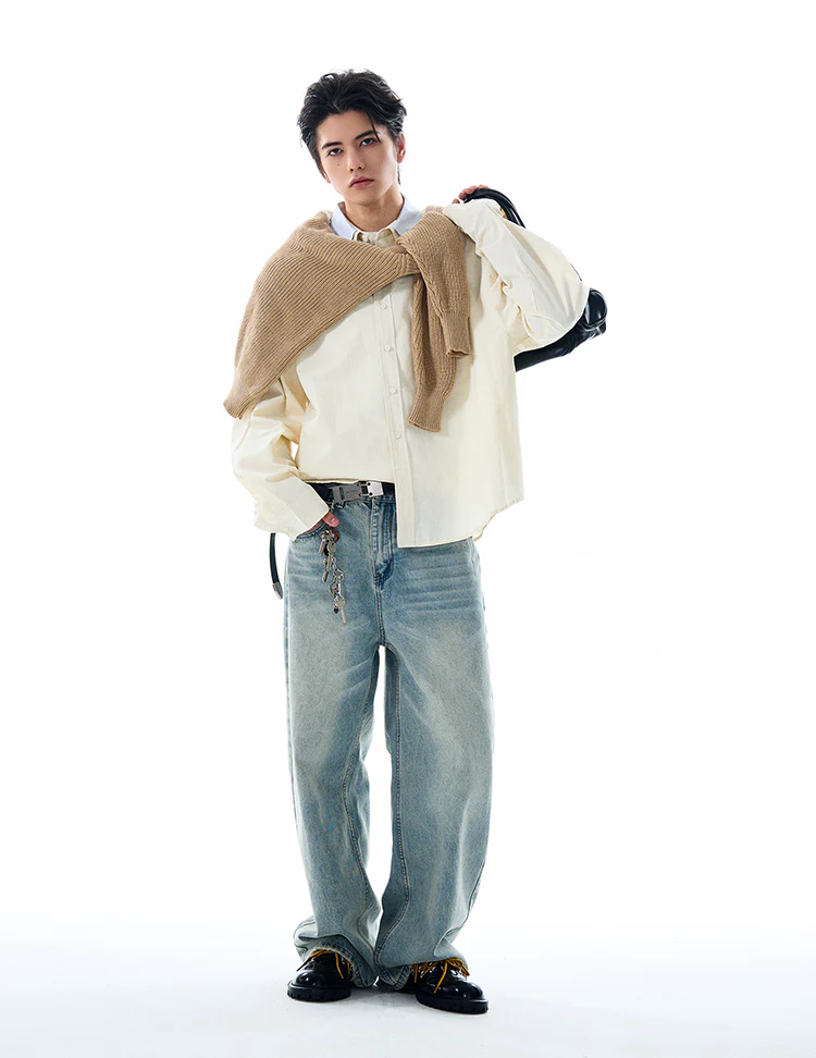 Double Contrast Stripe Collar Long Sleeve Button Shirt - Image 5