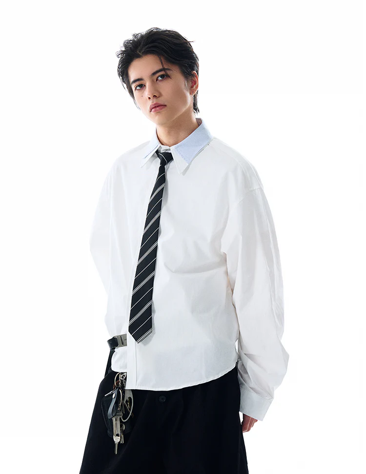 Double Contrast Stripe Collar Long Sleeve Button Shirt - Image 6