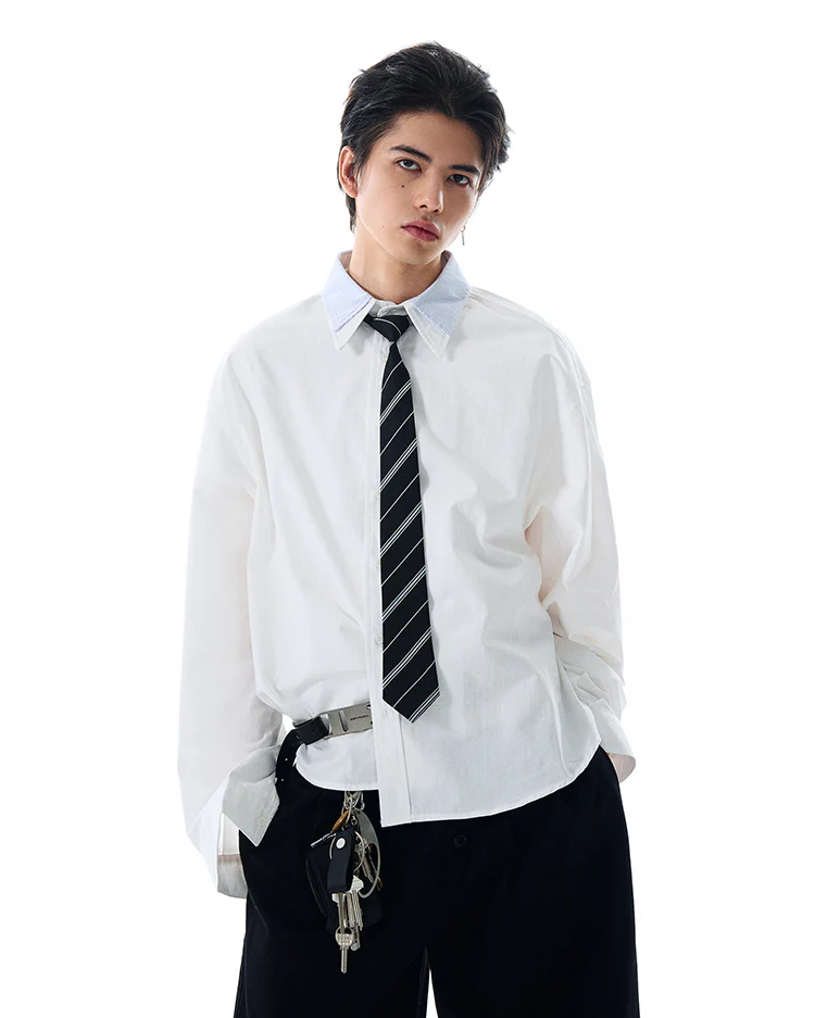 Double Contrast Stripe Collar Long Sleeve Button Shirt - Image 7