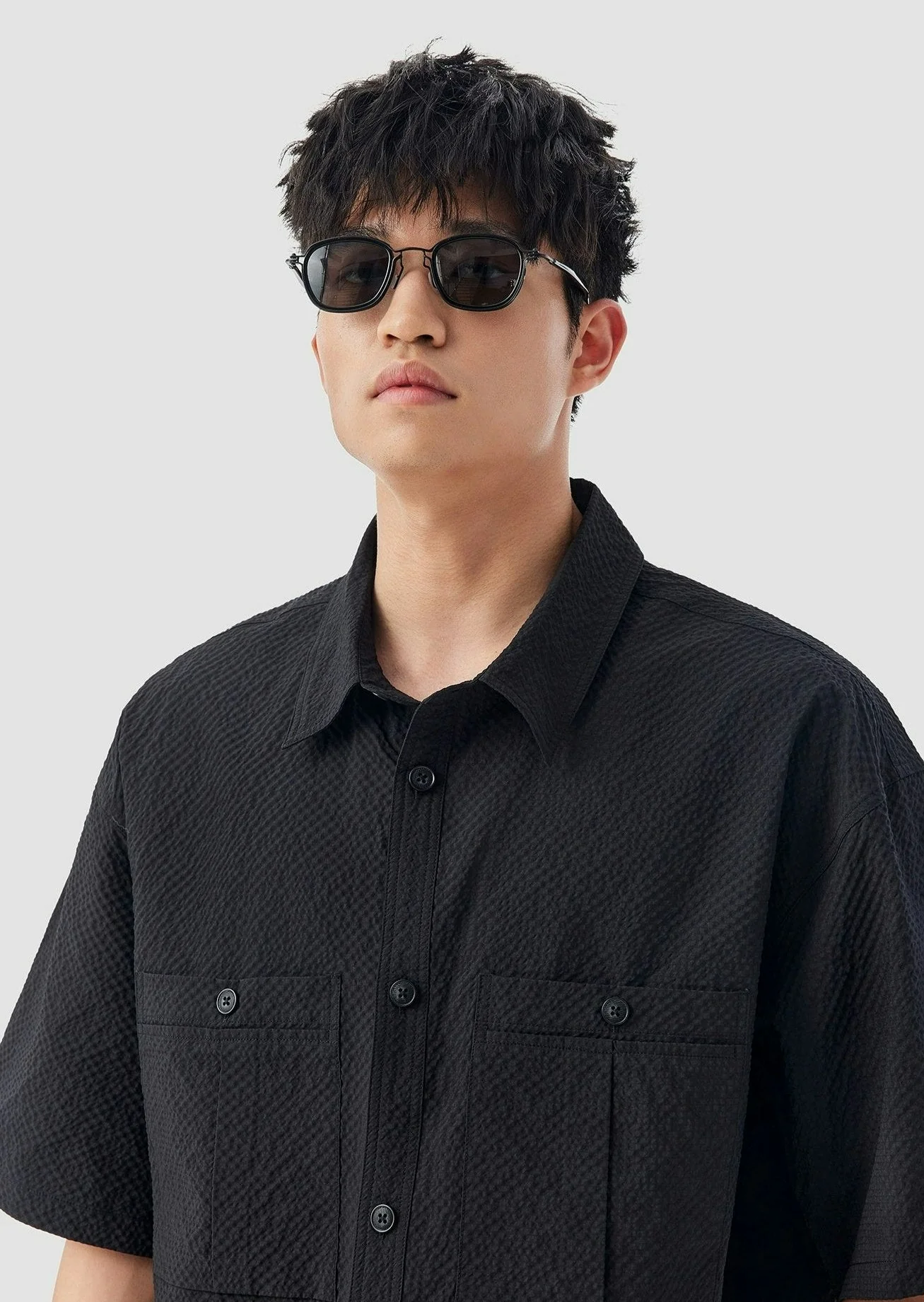 Double Pocketed Textured Short Sleeve Button-Up Shirt - Image 6