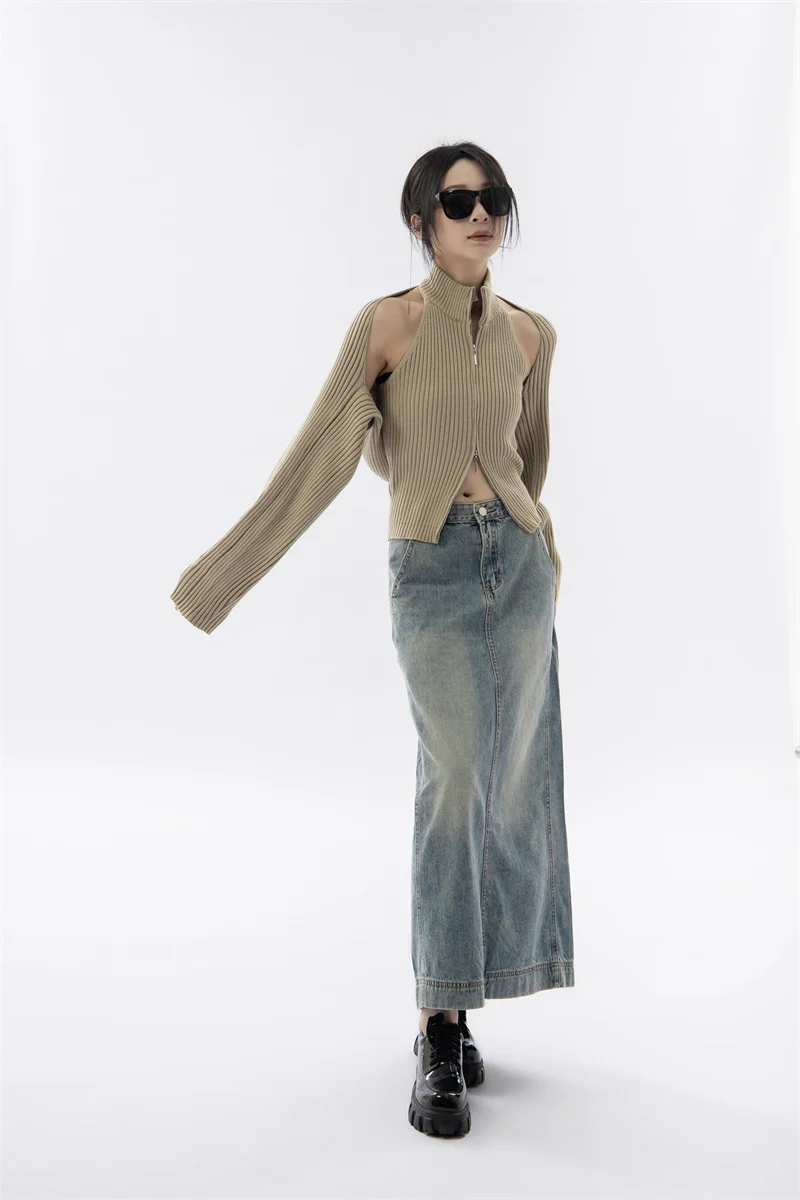 Double Zip High Neck Knit Vest and Shrug Top - Image 5
