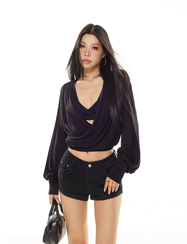 Draped Crossover Long Sleeve Mid-Crop Top - Image 11