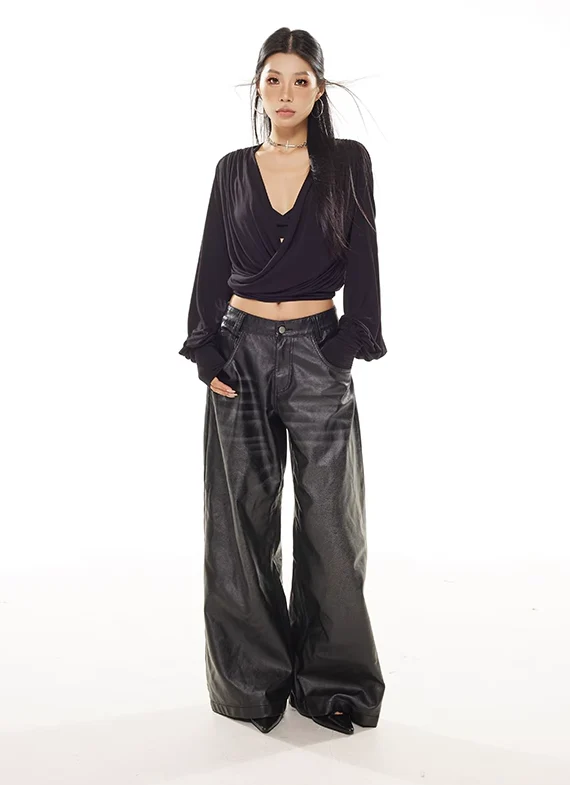 Draped Crossover Long Sleeve Mid-Crop Top - Image 16
