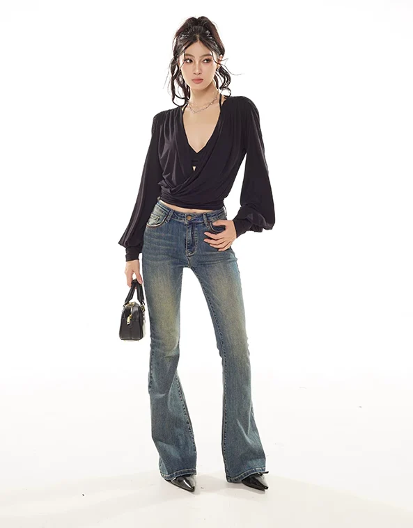 Draped Crossover Long Sleeve Mid-Crop Top - Image 18
