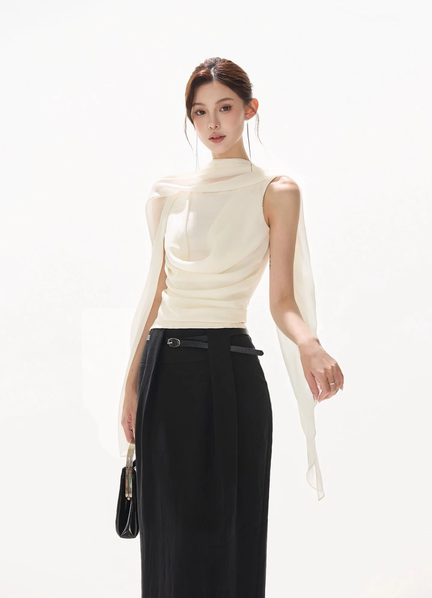 Draped Neckline Sleeveless Blouse with Scarf