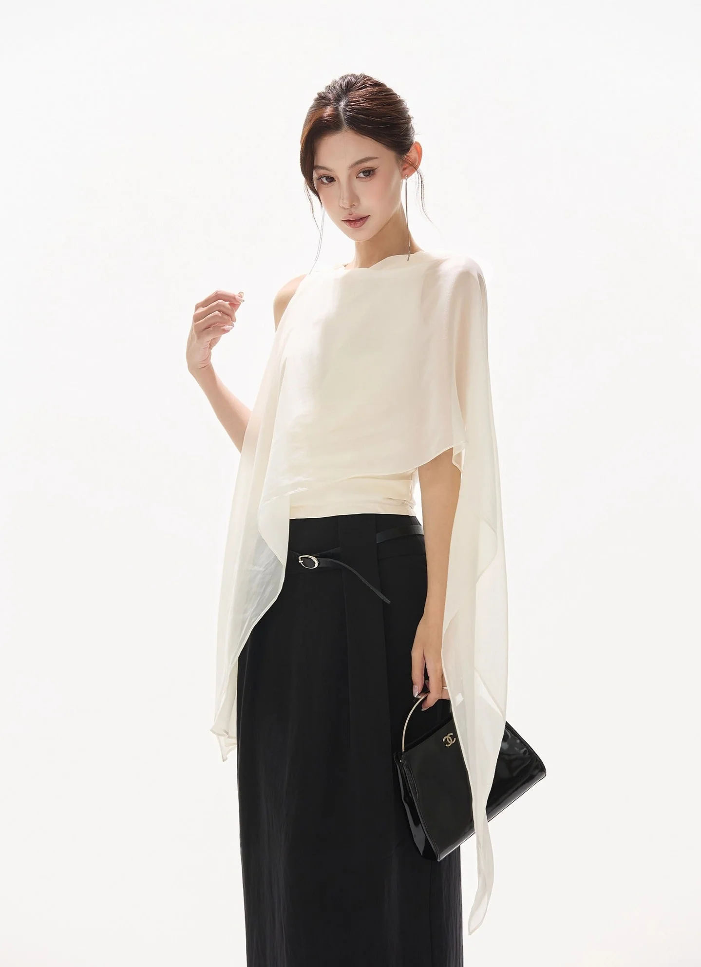 Draped Neckline Sleeveless Blouse with Scarf - Image 2