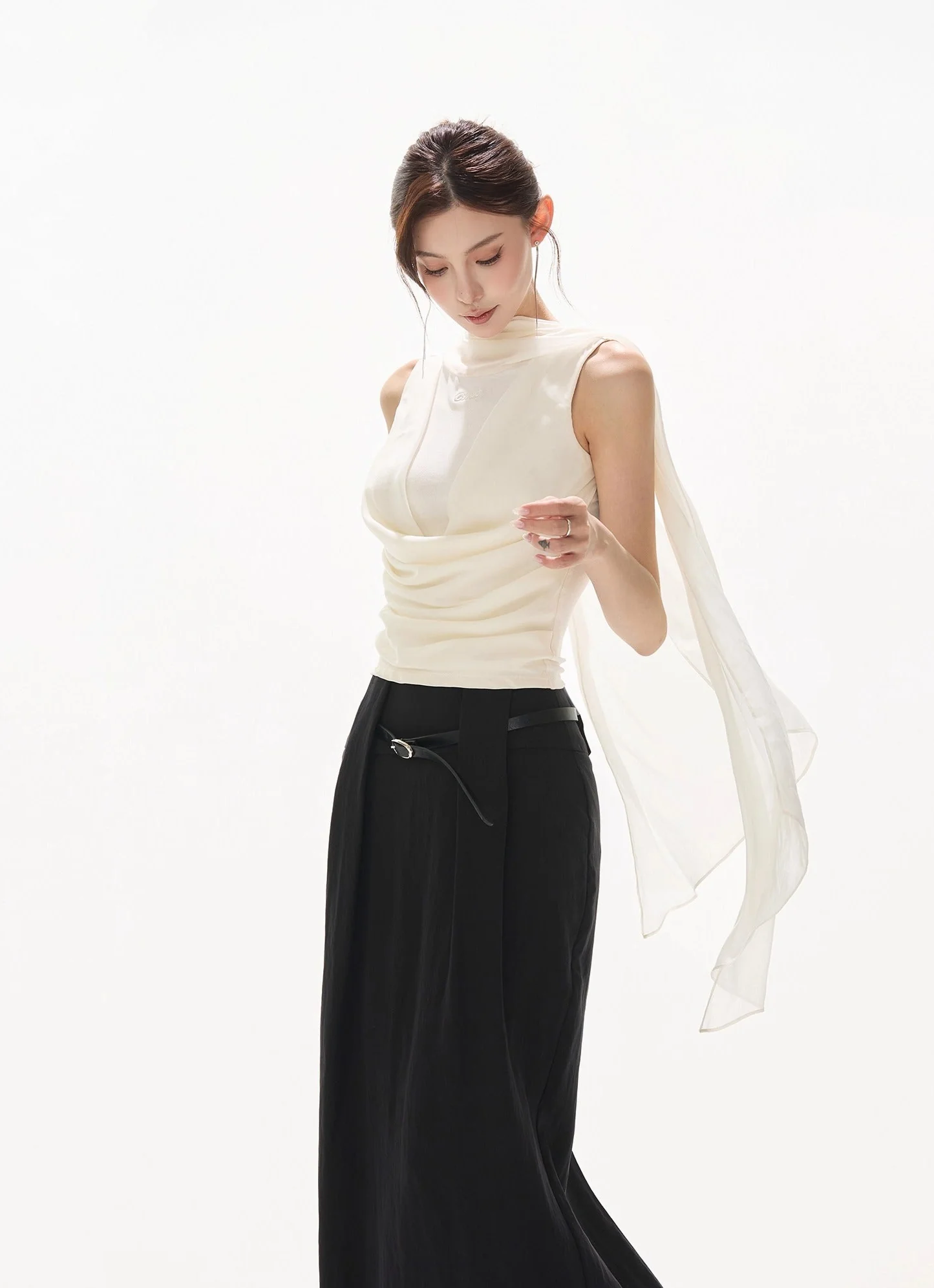 Draped Neckline Sleeveless Blouse with Scarf - Image 3