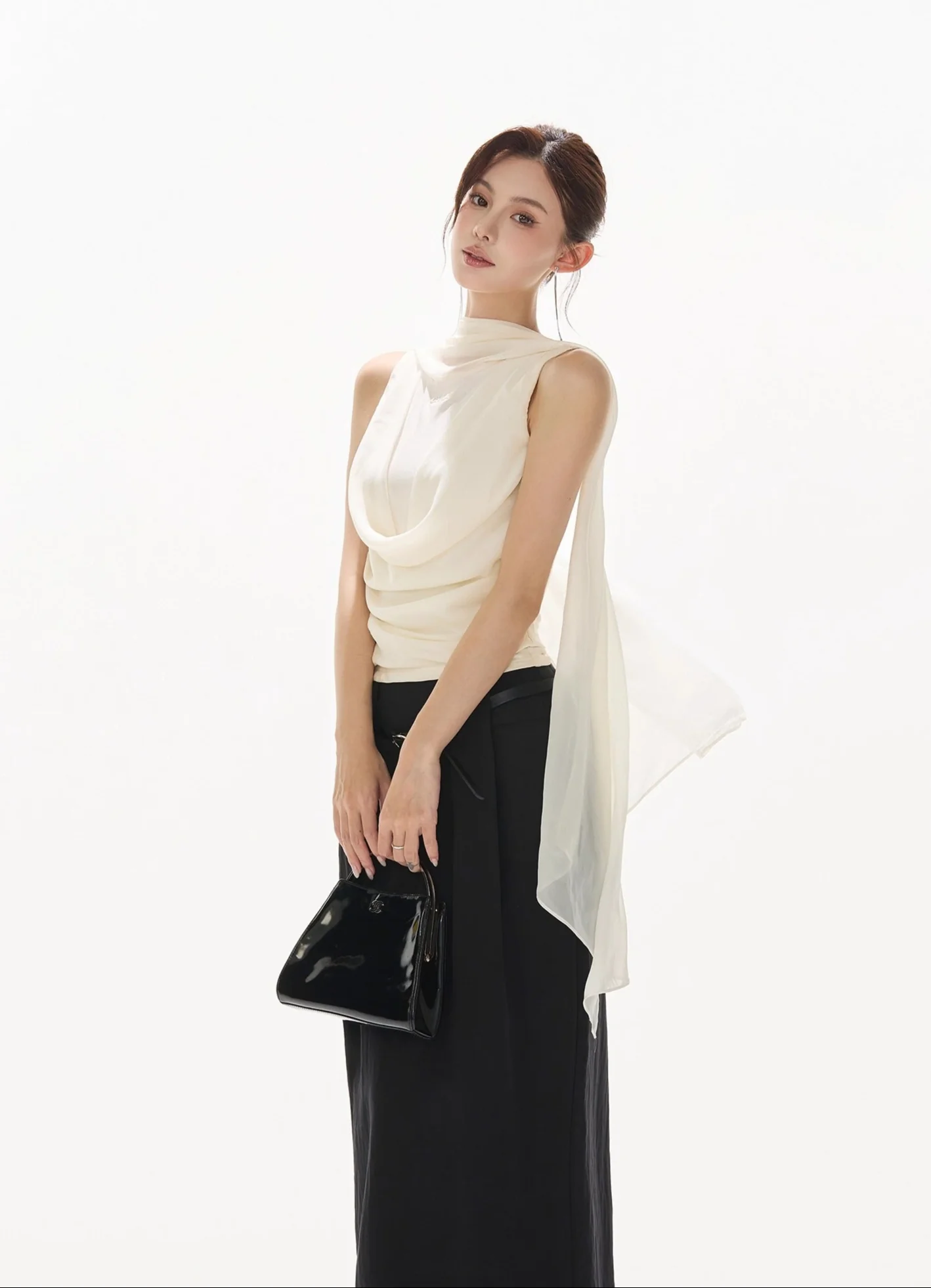Draped Neckline Sleeveless Blouse with Scarf - Image 4