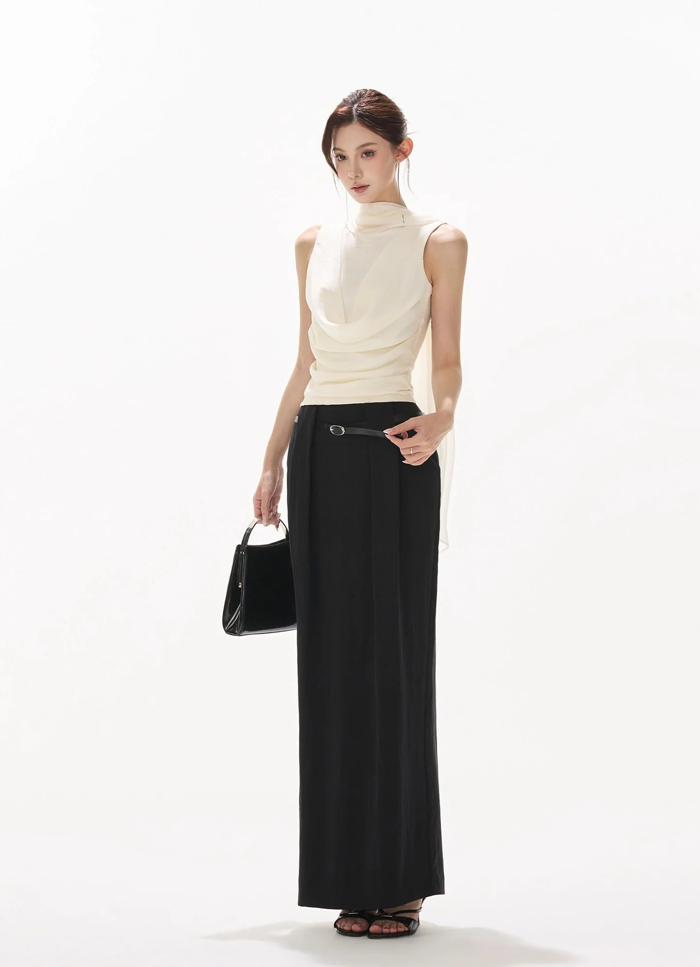 Draped Neckline Sleeveless Blouse with Scarf - Image 6