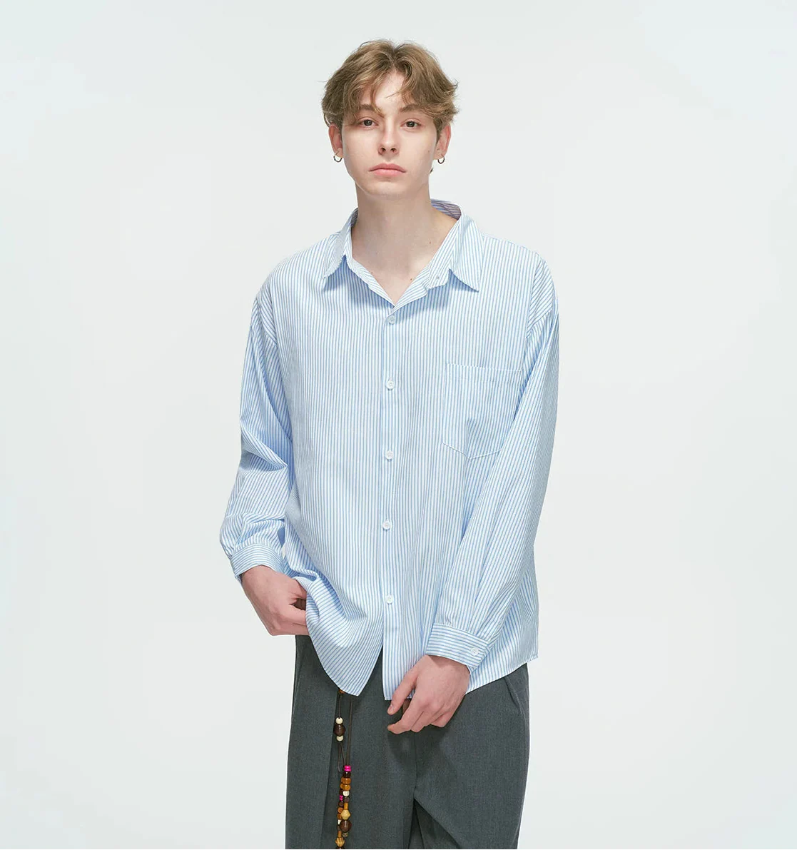 Drop Shoulder Pinstripe Long Sleeve Button-Up Shirt - Image 6