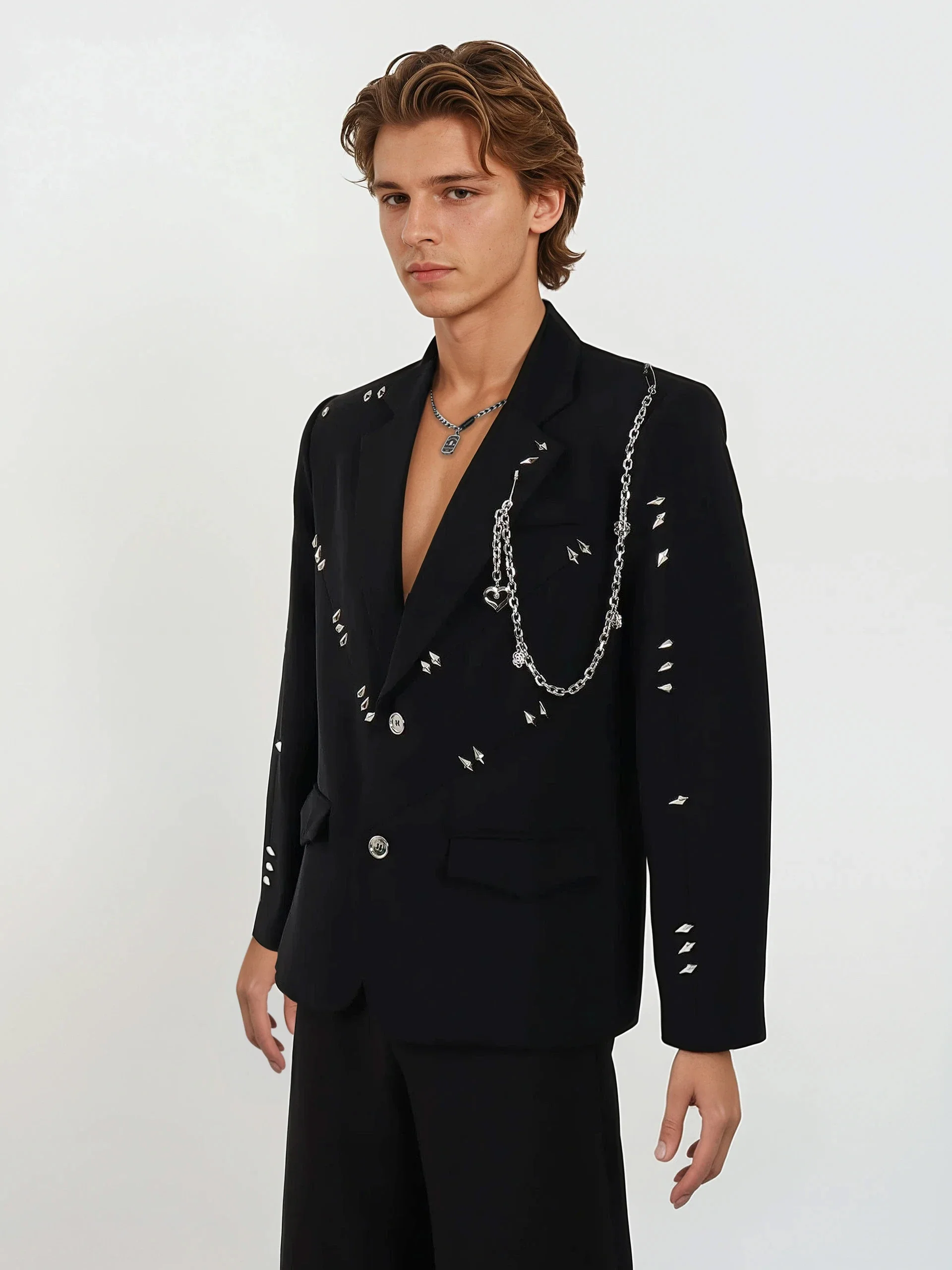 Embellished Blazer with Stud Details and Chain Accent - Image 2