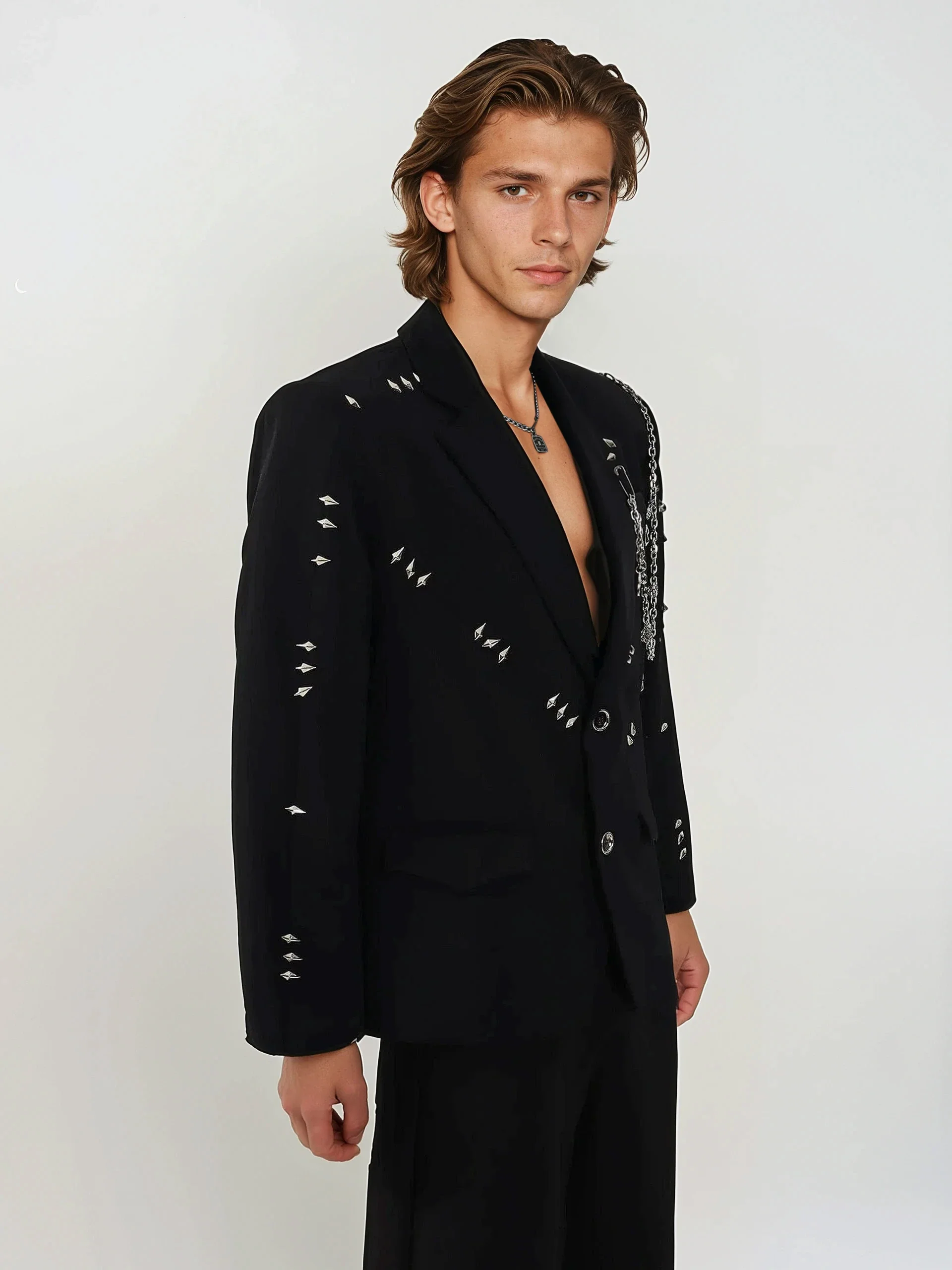 Embellished Blazer with Stud Details and Chain Accent - Image 3