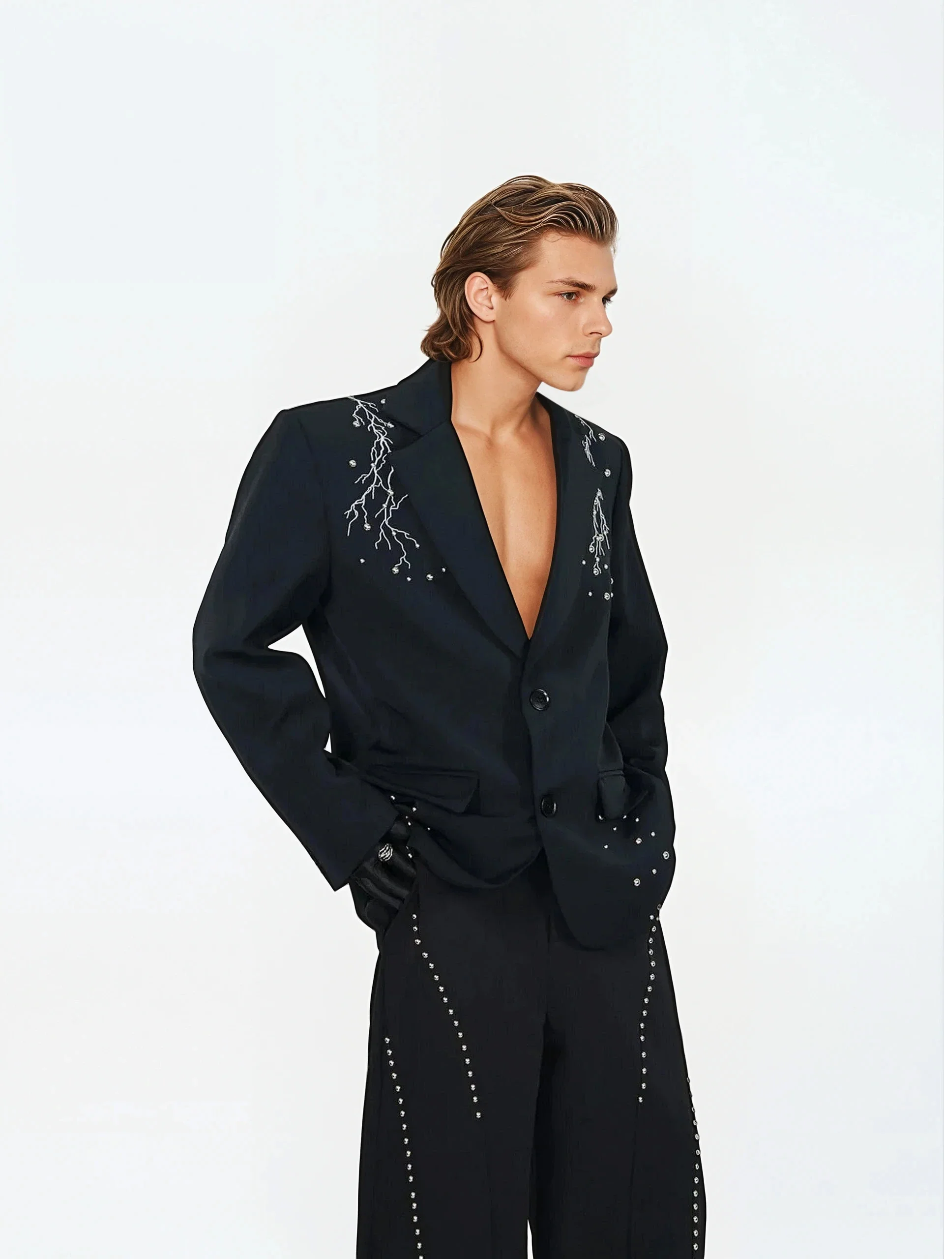 Embellished Single Breasted Blazer and Wide Leg Studded Trousers Two Piece Set - Image 3