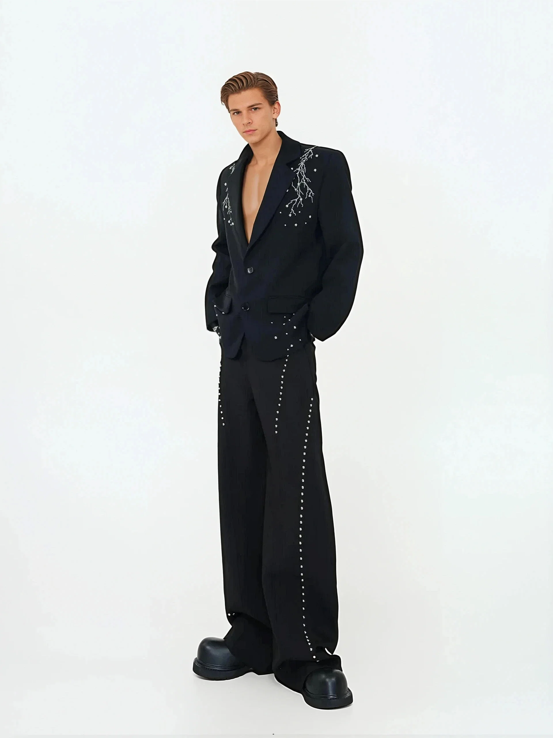 Embellished Single Breasted Blazer and Wide Leg Studded Trousers Two Piece Set - Image 4
