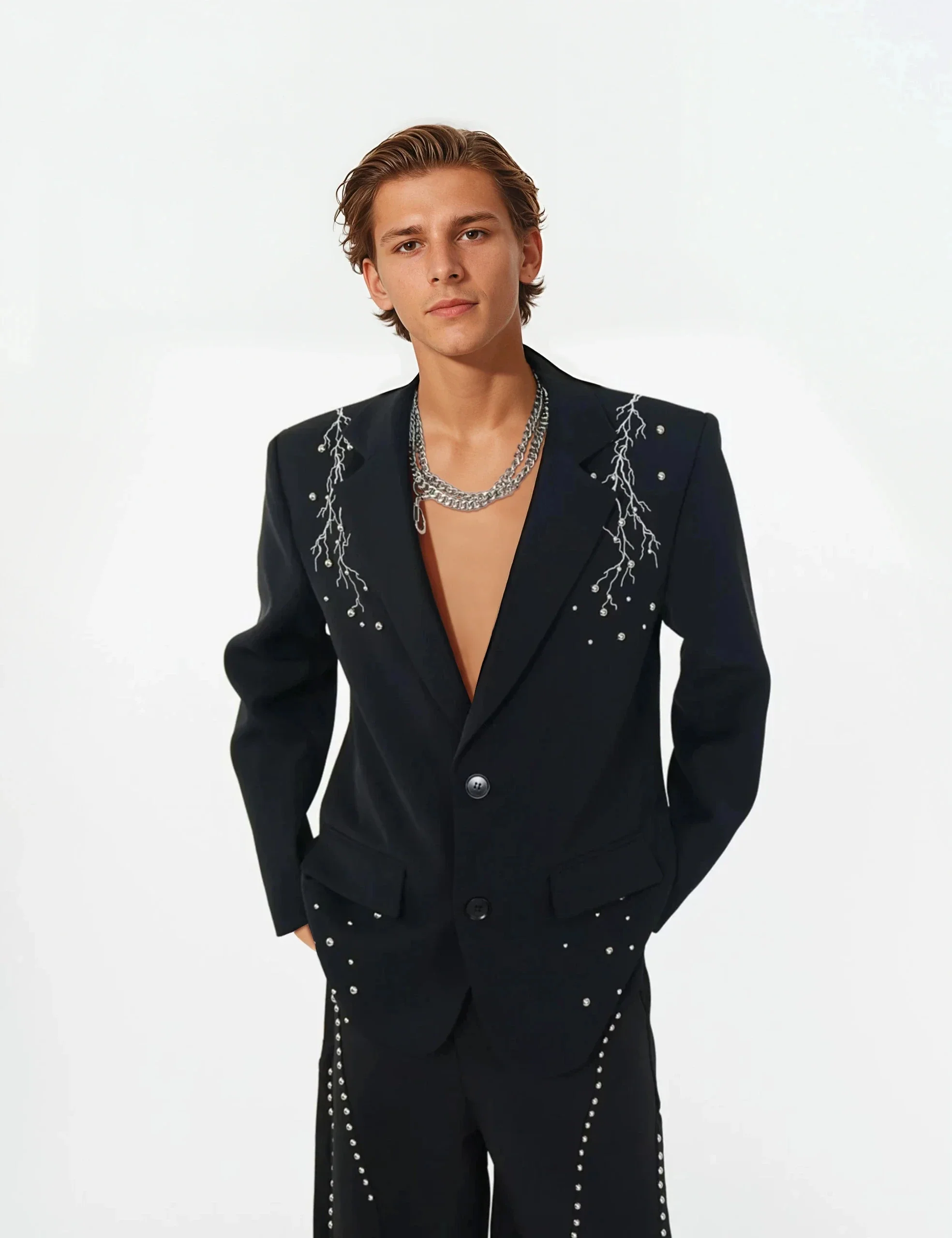 Embellished Single Breasted Blazer and Wide Leg Studded Trousers Two Piece Set - Image 9