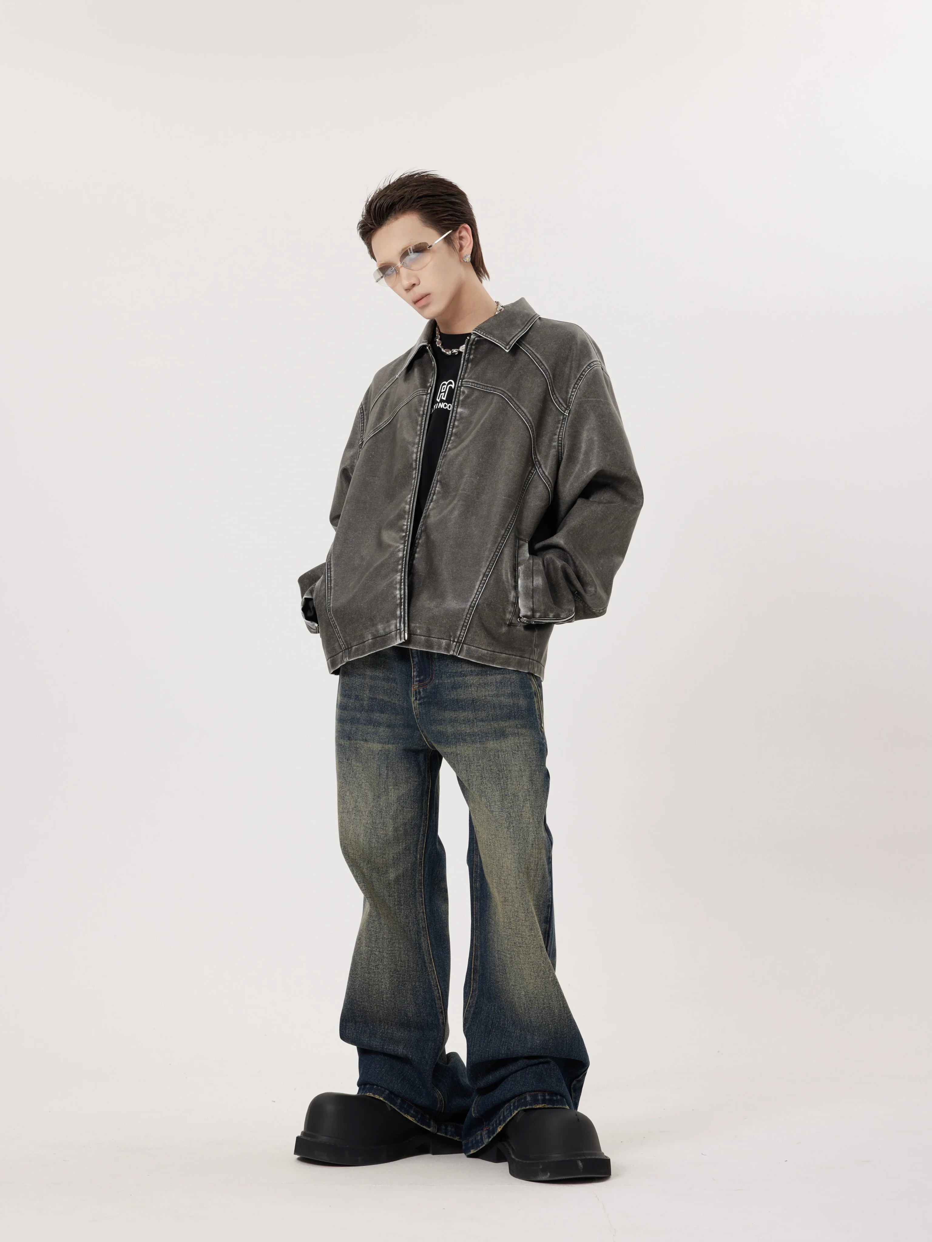 Faded Abstract Biker Faux Leather Jacket - Image 3