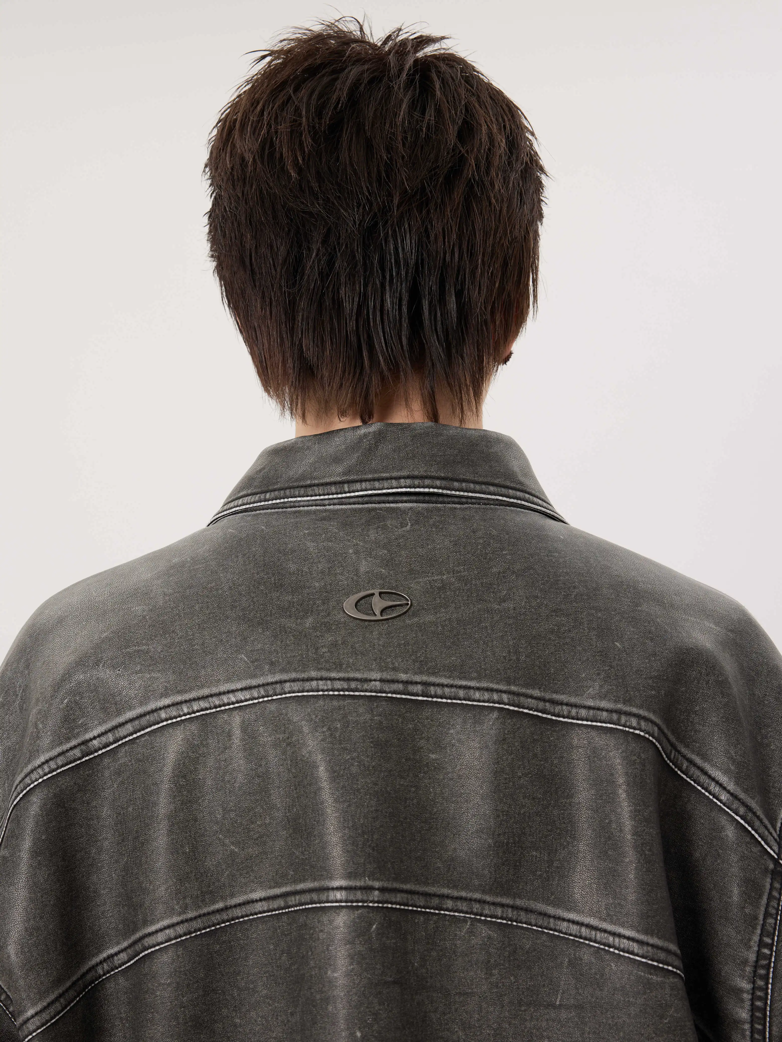 Faded Abstract Biker Faux Leather Jacket - Image 4