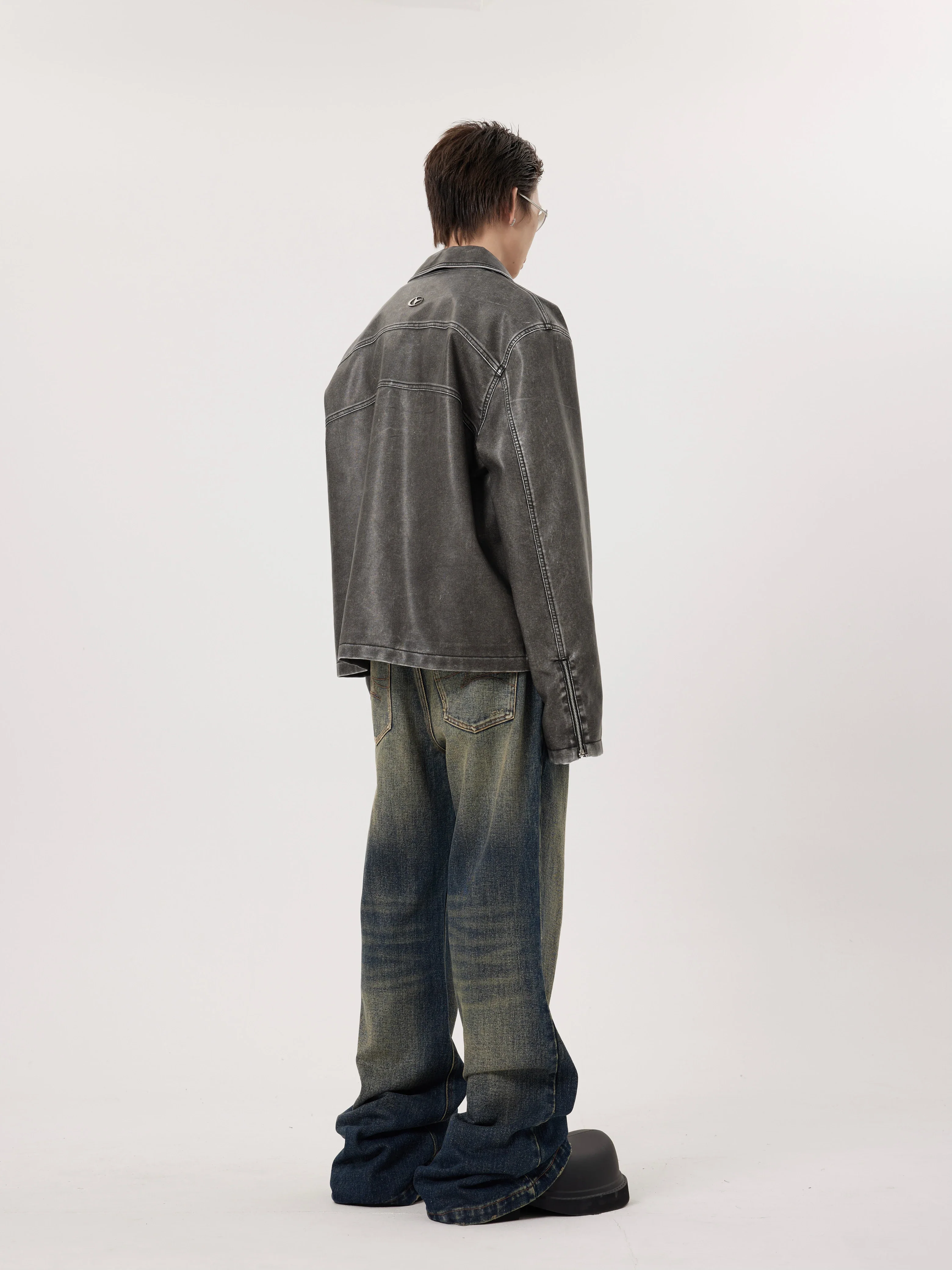 Faded Abstract Biker Faux Leather Jacket - Image 5