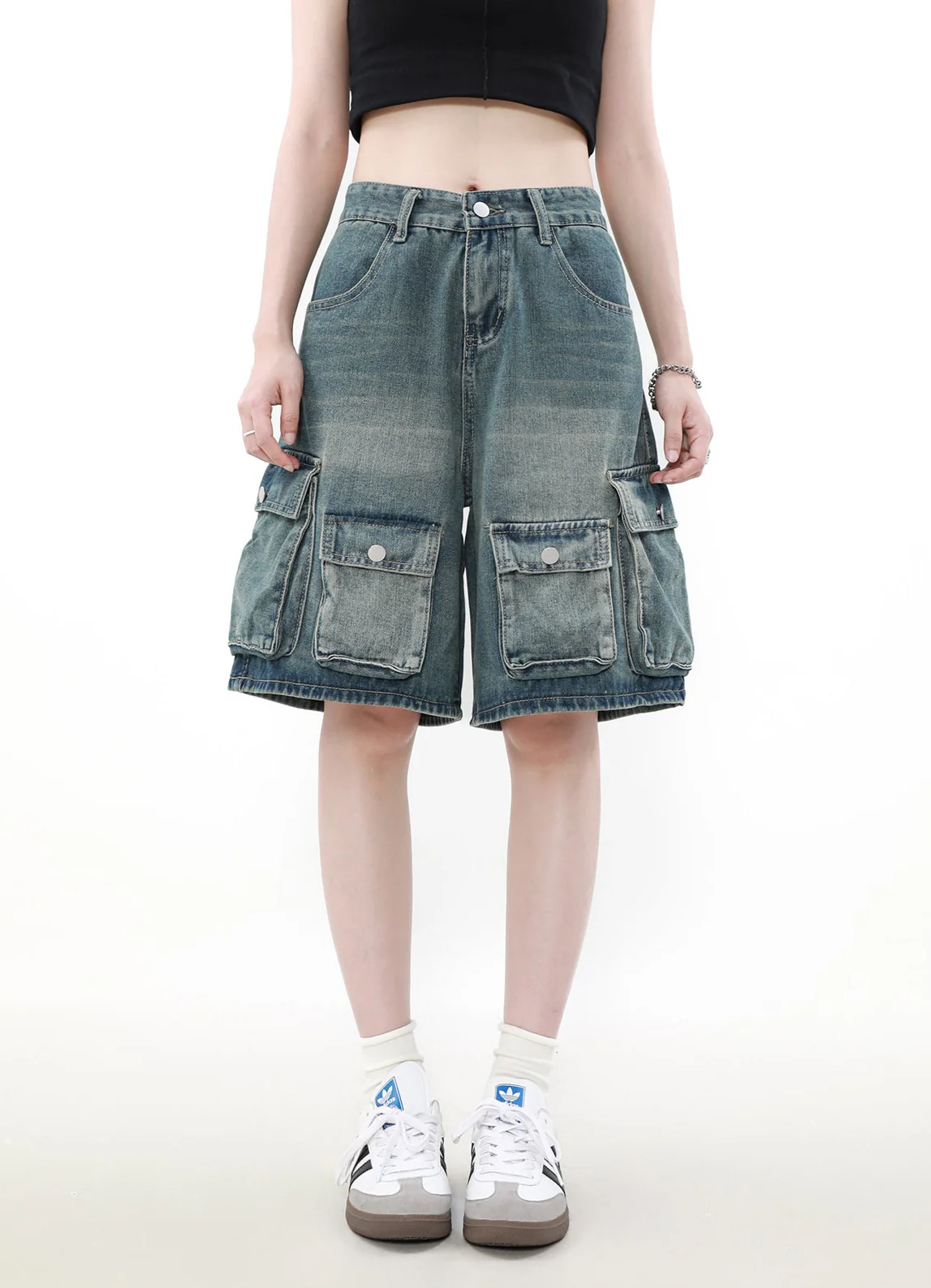 Faded Denim Cargo Shorts with Multiple Button Pockets - Image 2