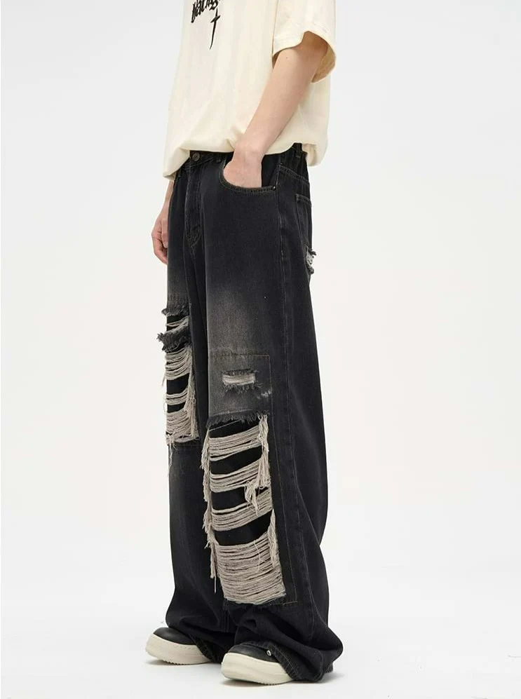 Faded Distressed Patchwork Jeans - Image 3