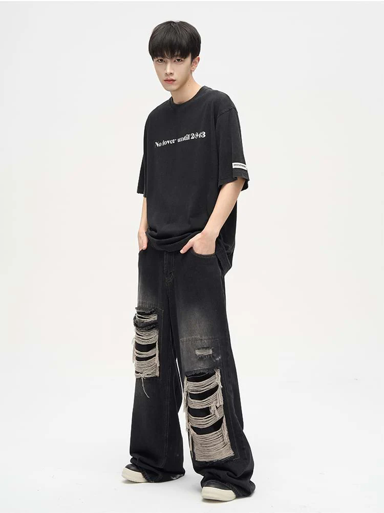 Faded Distressed Patchwork Jeans - Image 5