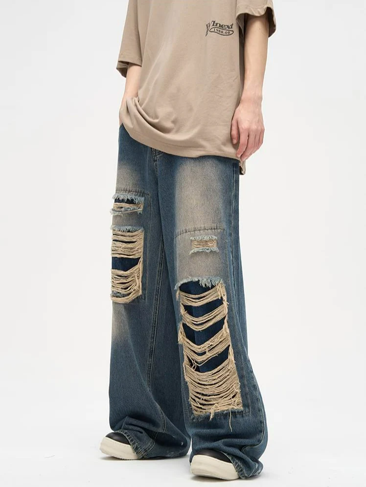 Faded Distressed Patchwork Jeans - Image 7