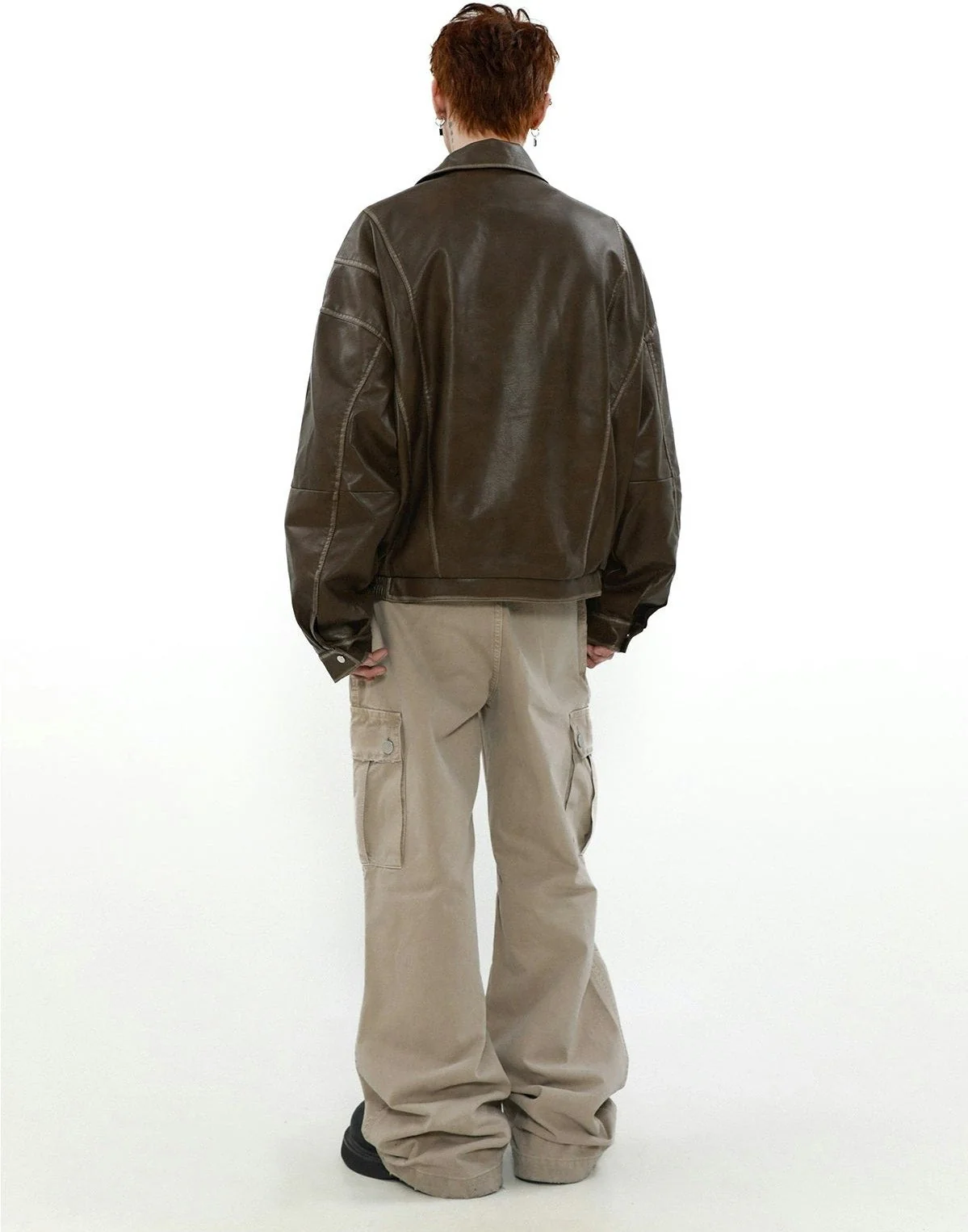Faded Faux Leather Zip-Through Collared Bomber Jacket - Image 6