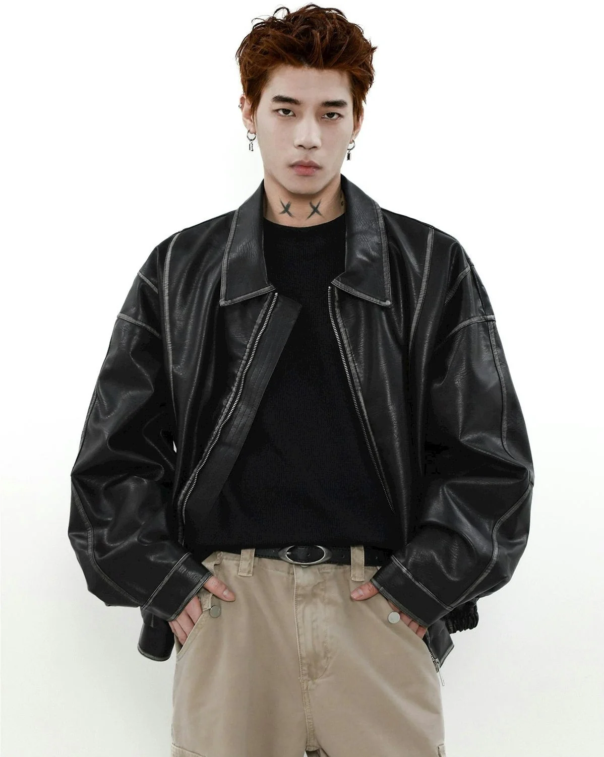 Faded Faux Leather Zip-Through Collared Bomber Jacket - Image 8