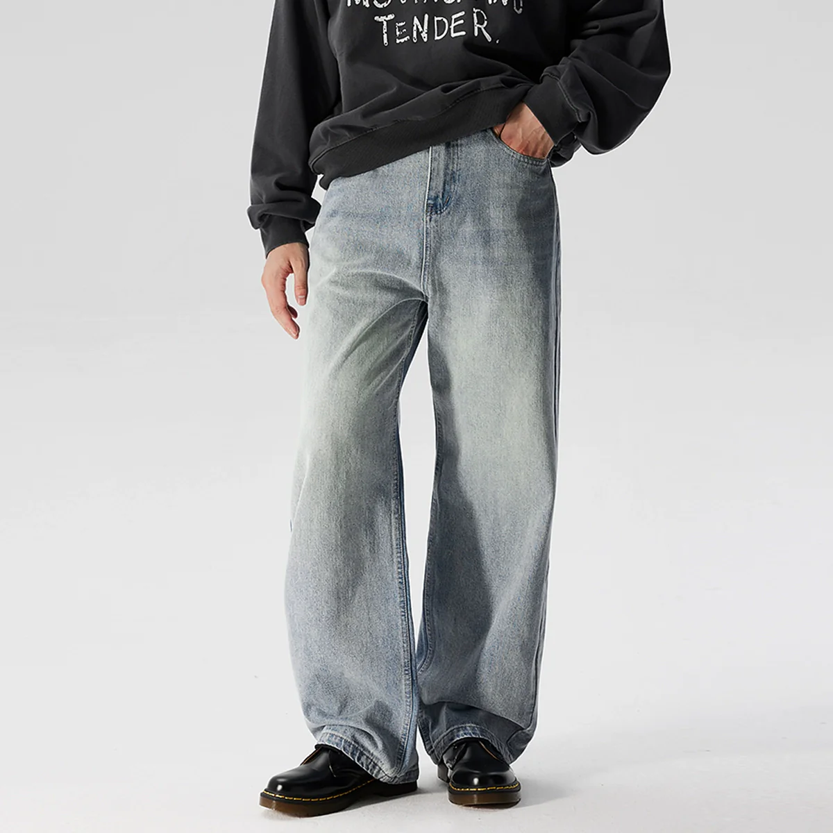 Faded Muted Wash Wide Leg Jeans - Image 2