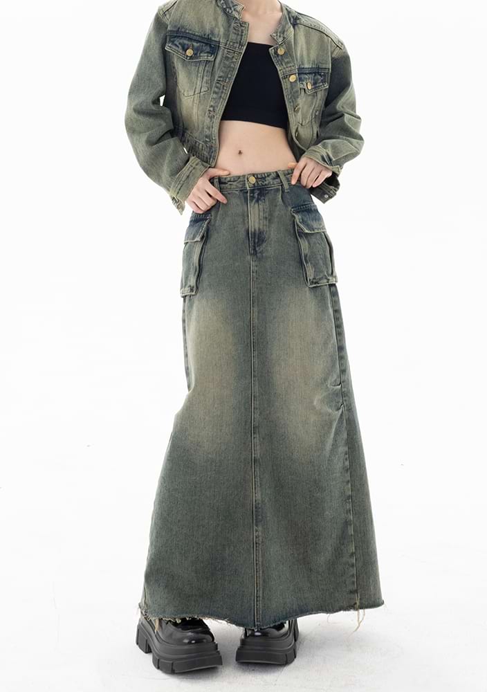 Faded Pocketed Denim Maxi Skirt - Image 3
