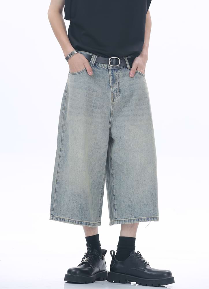 Faded Wide Leg Denim Long Jorts - Image 10
