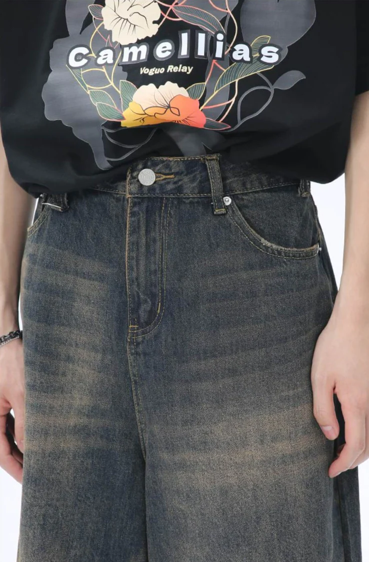 Faded Wide Leg Denim Long Jorts - Image 5