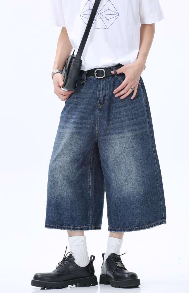 Faded Wide Leg Denim Long Jorts - Image 7