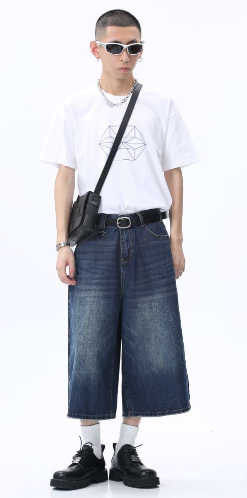 Faded Wide Leg Denim Long Jorts - Image 8
