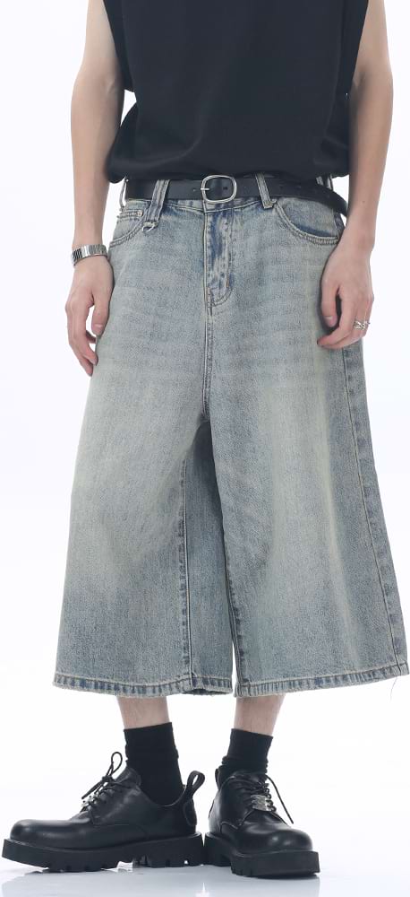 Faded Wide Leg Denim Long Jorts - Image 9