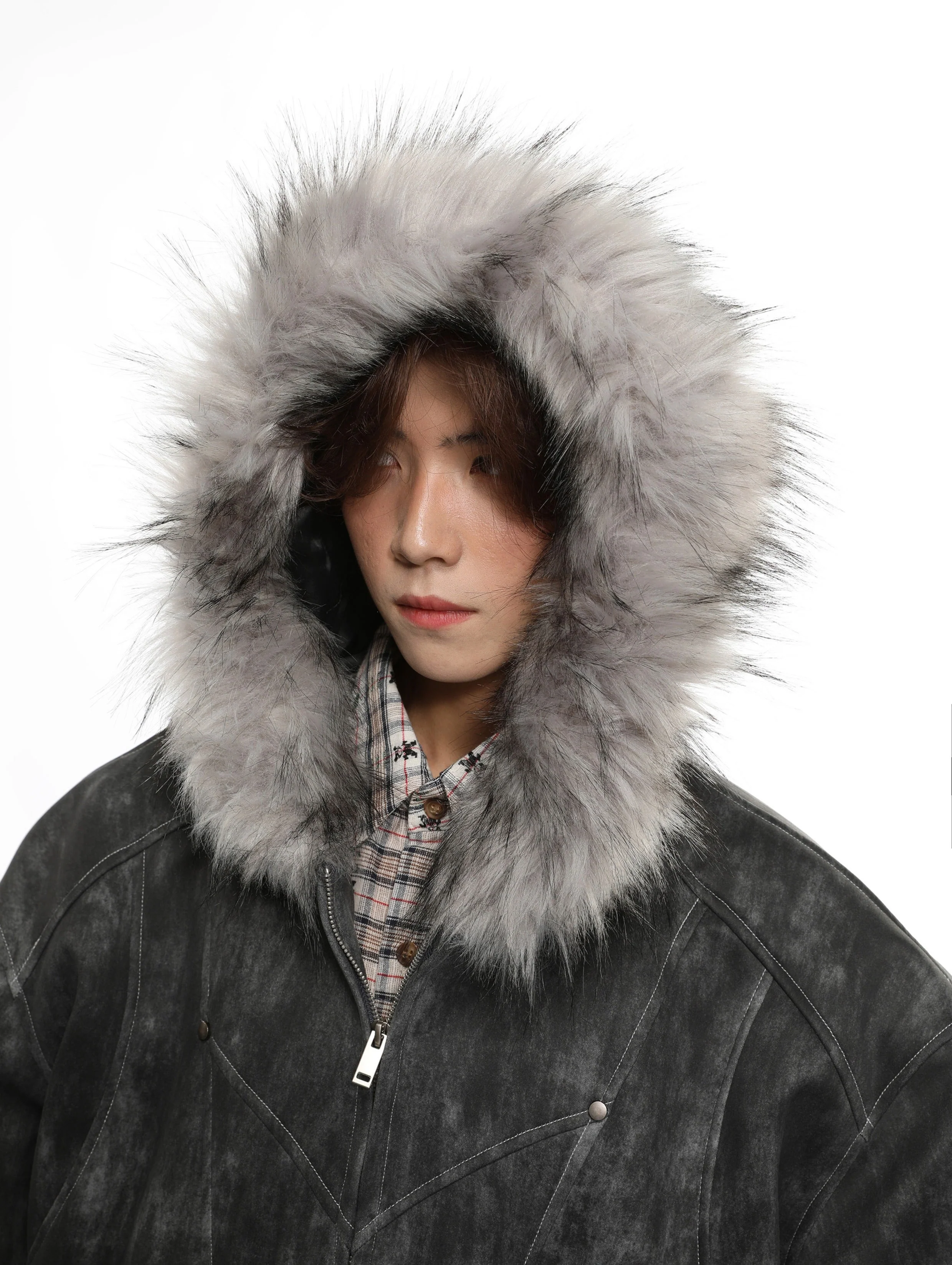 Faux Fur Hooded Faded Zip Jacket with Pockets - Image 11