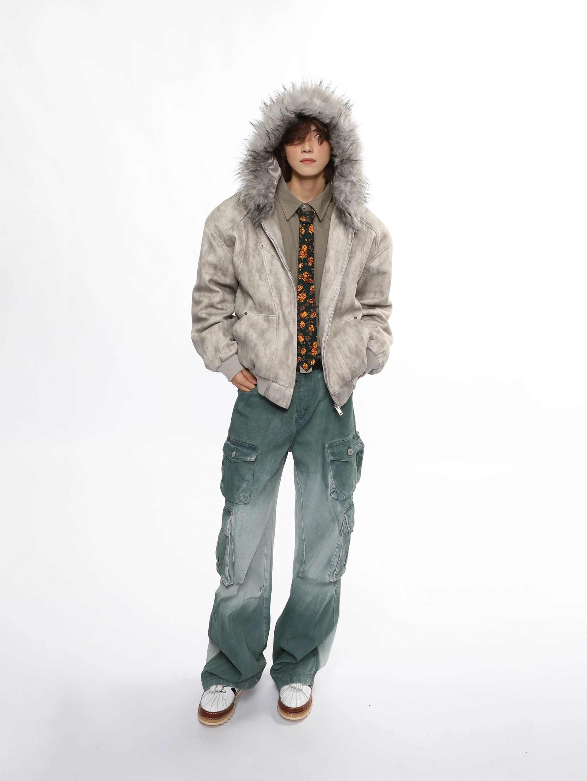 Faux Fur Hooded Faded Zip Jacket with Pockets - Image 3