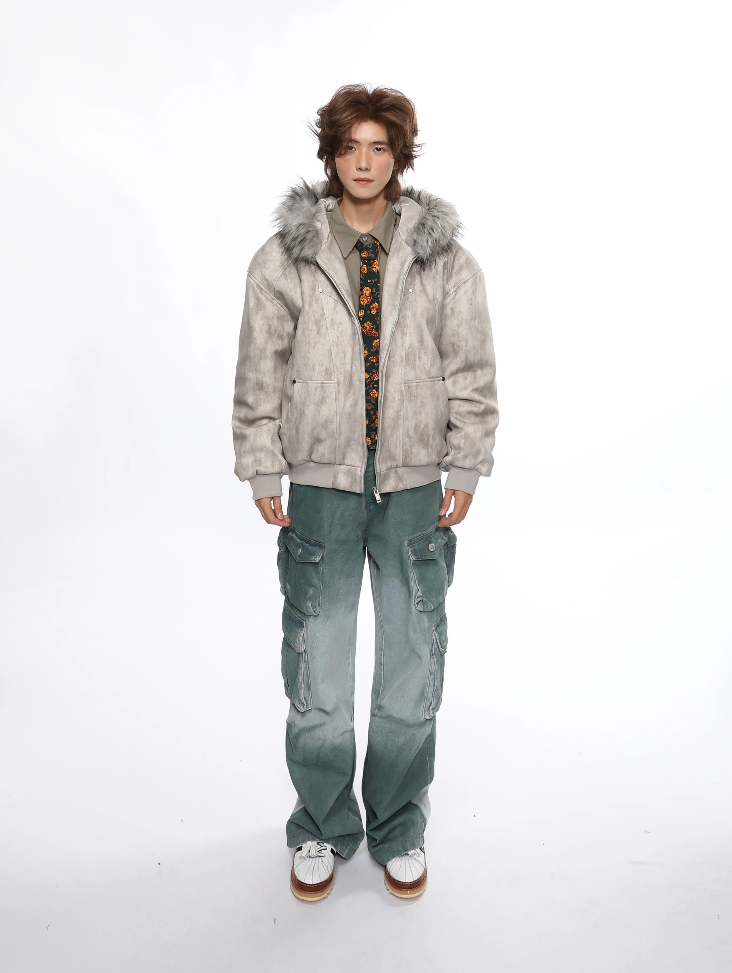 Faux Fur Hooded Faded Zip Jacket with Pockets - Image 4