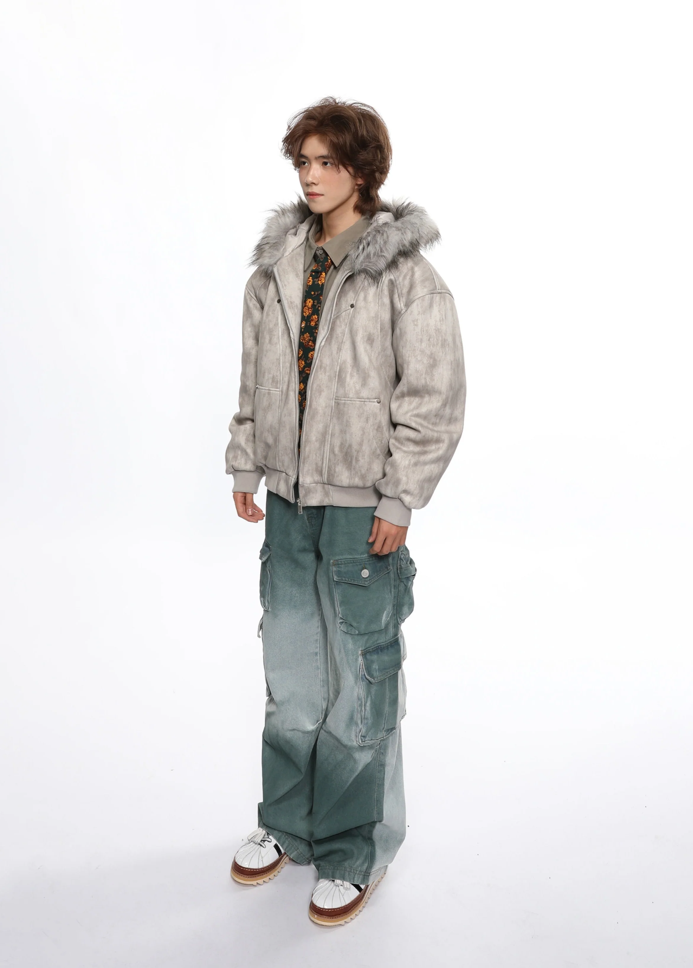 Faux Fur Hooded Faded Zip Jacket with Pockets - Image 7