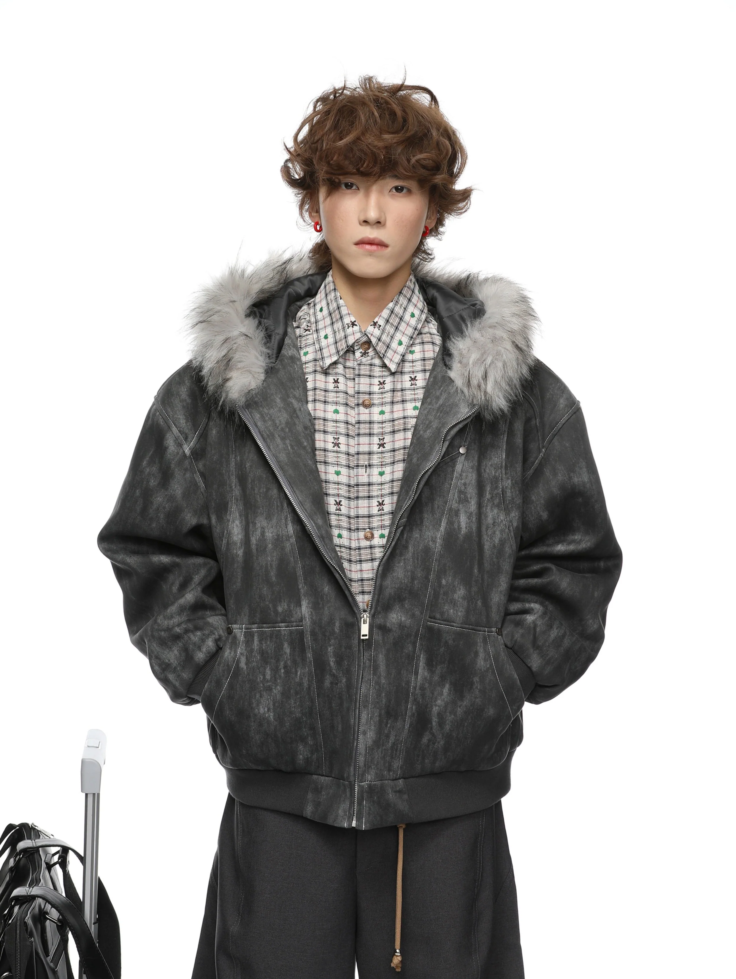 Faux Fur Hooded Faded Zip Jacket with Pockets - Image 9