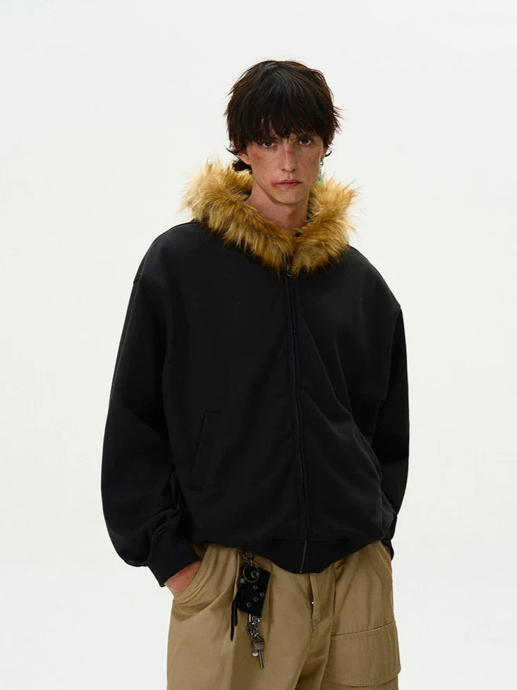 Faux Fur Hooded Zip Jacket with Pockets - Image 11