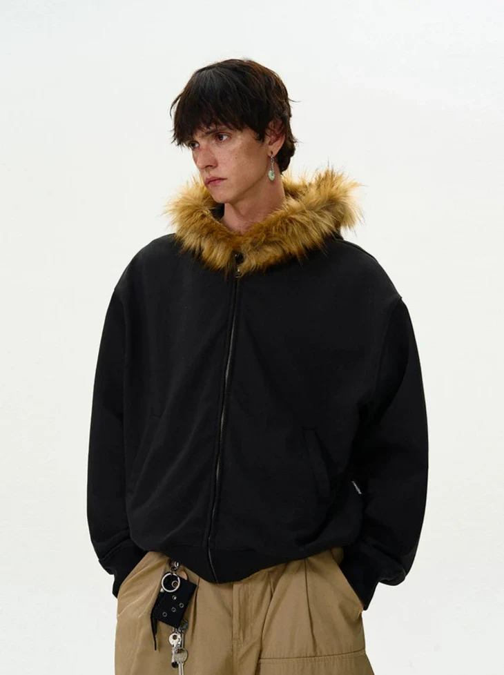 Faux Fur Hooded Zip Jacket with Pockets - Image 12
