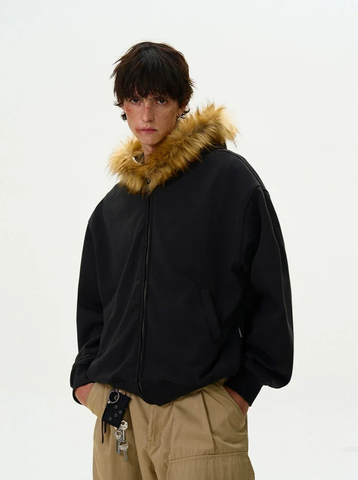 Faux Fur Hooded Zip Jacket with Pockets - Image 13