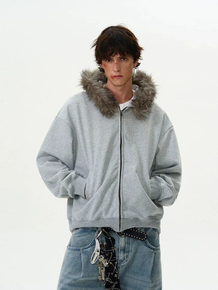 Faux Fur Hooded Zip Jacket with Pockets - Image 2