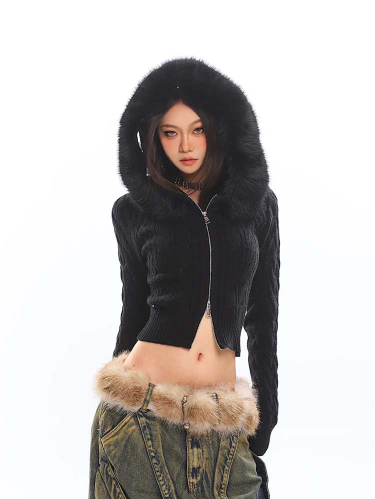 Faux Fur Hoodie Cable Knit Cropped Zip Jacket - Image 11