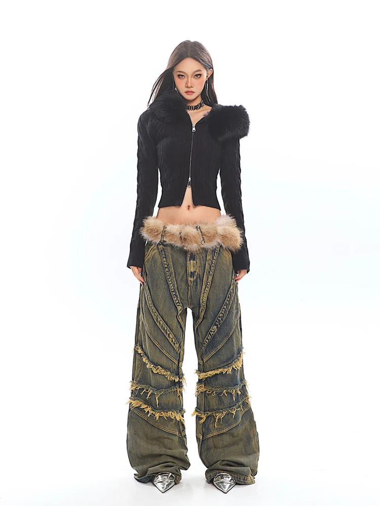 Faux Fur Hoodie Cable Knit Cropped Zip Jacket - Image 16