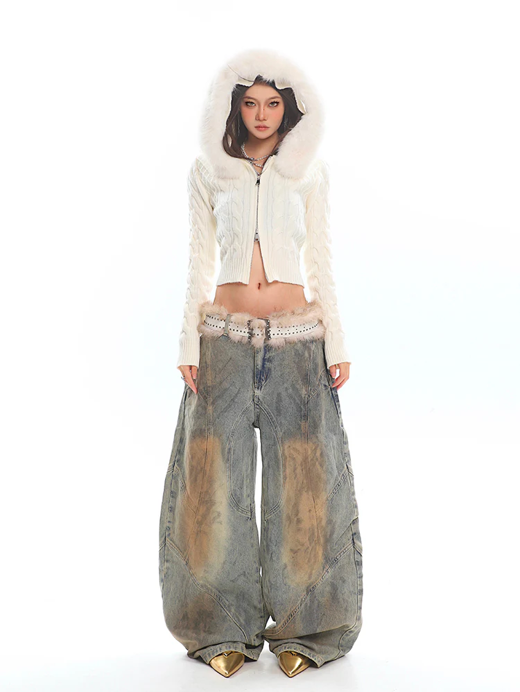 Faux Fur Hoodie Cable Knit Cropped Zip Jacket - Image 7