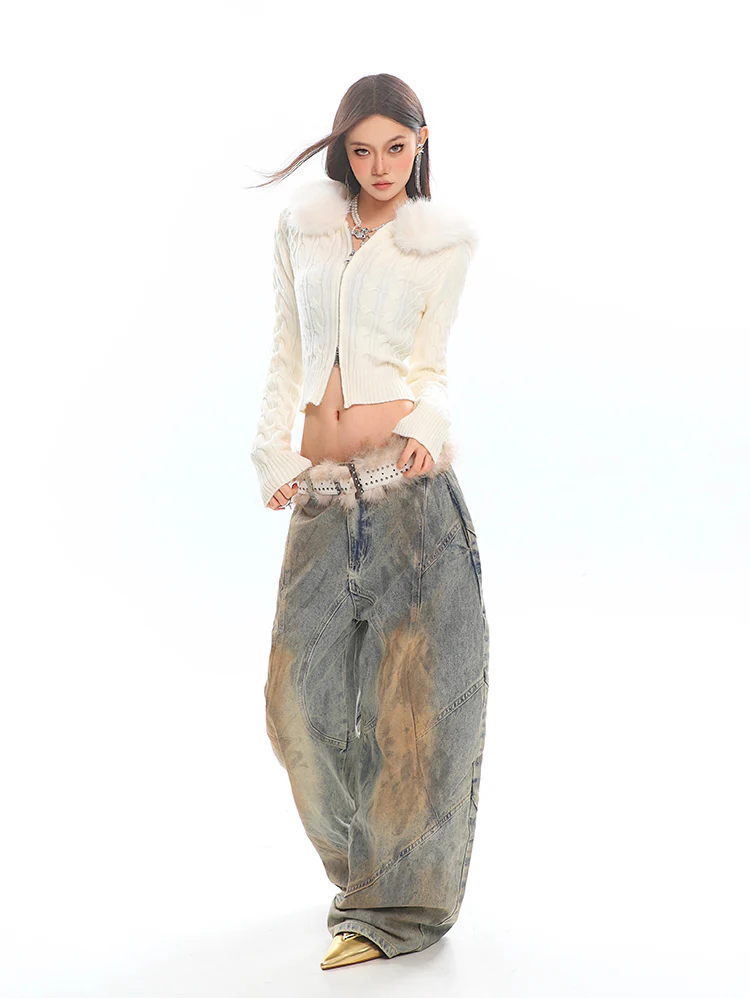 Faux Fur Hoodie Cable Knit Cropped Zip Jacket - Image 8